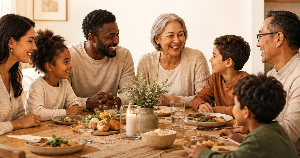 Een gezin aan tafel, drie generaties bij elkaar